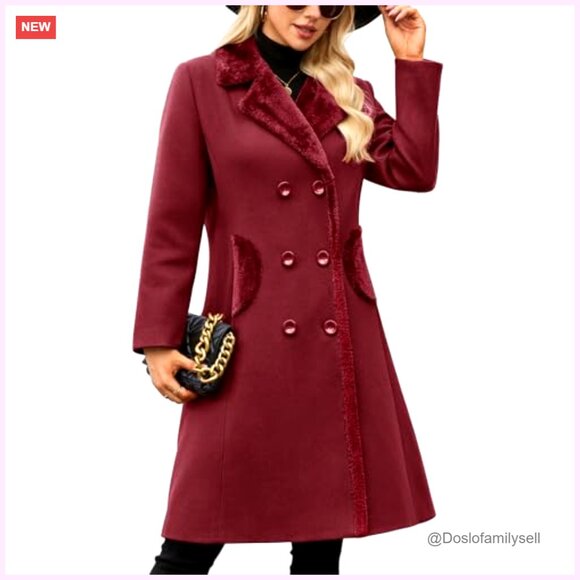 Double Breasted Pea Coat Long Trench Coat Elegant Classic Winter Warm Slim Fit - Picture 6 of 7